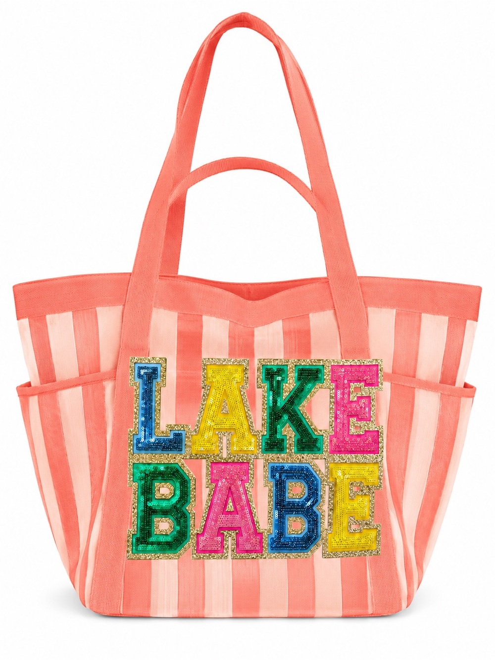 Coral Stripe 'Lake Babe' Tote Bag